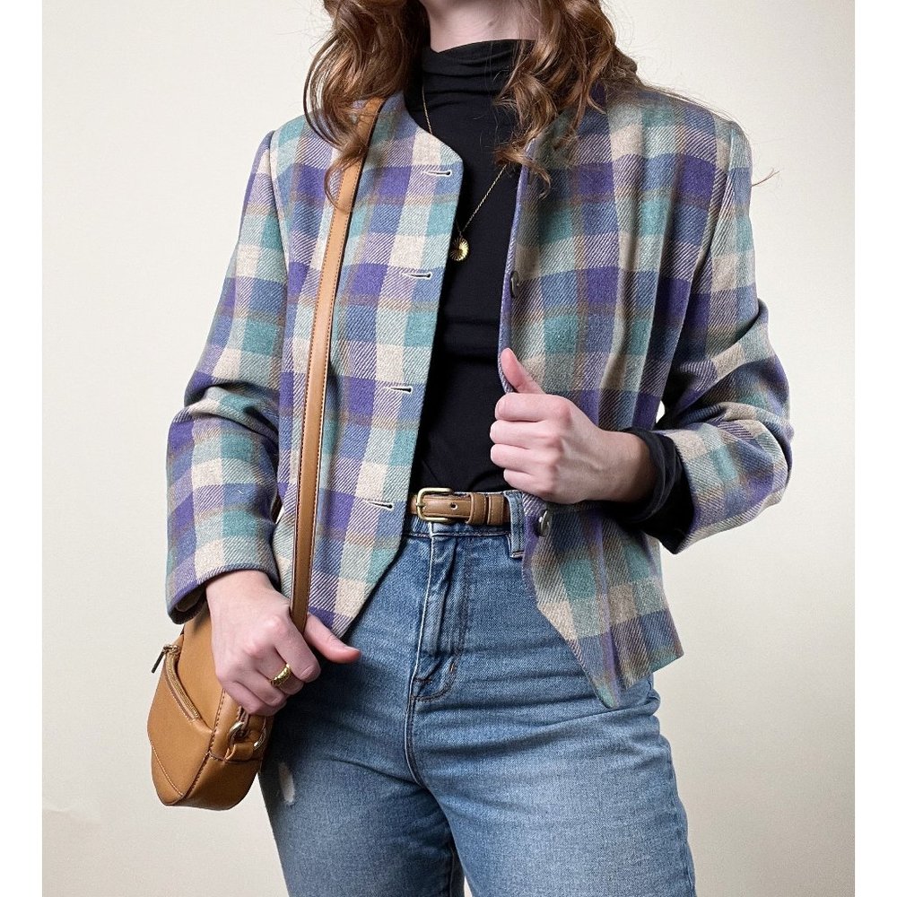 Vintage Union Made Plaid Oversized Cropped Blazer Jacket Coat Preppy Academia